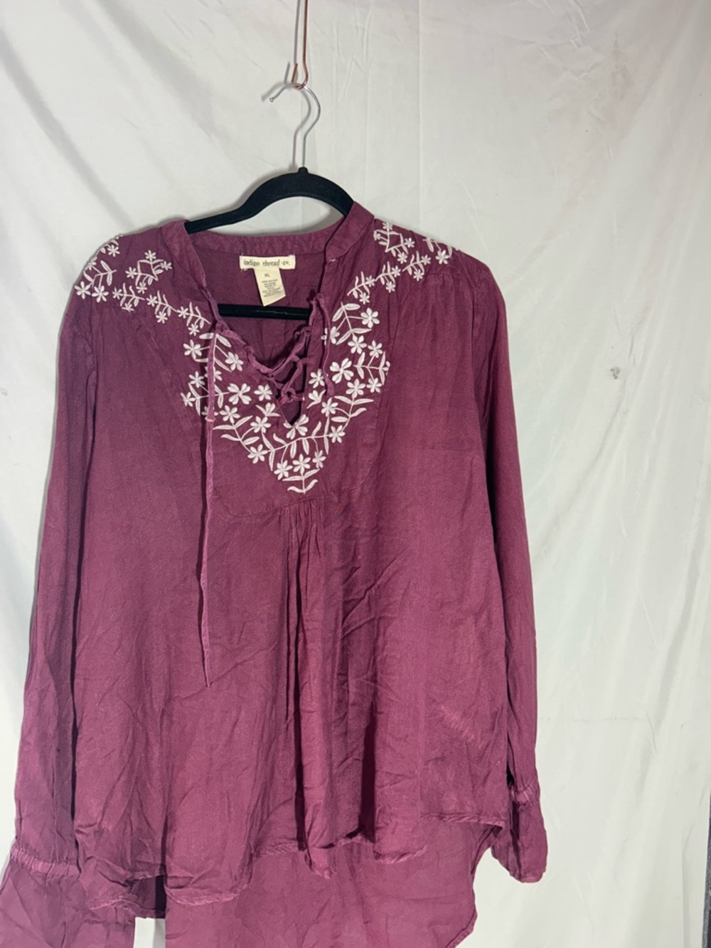 Embroidered Lace-Up Tunic Top in Plum